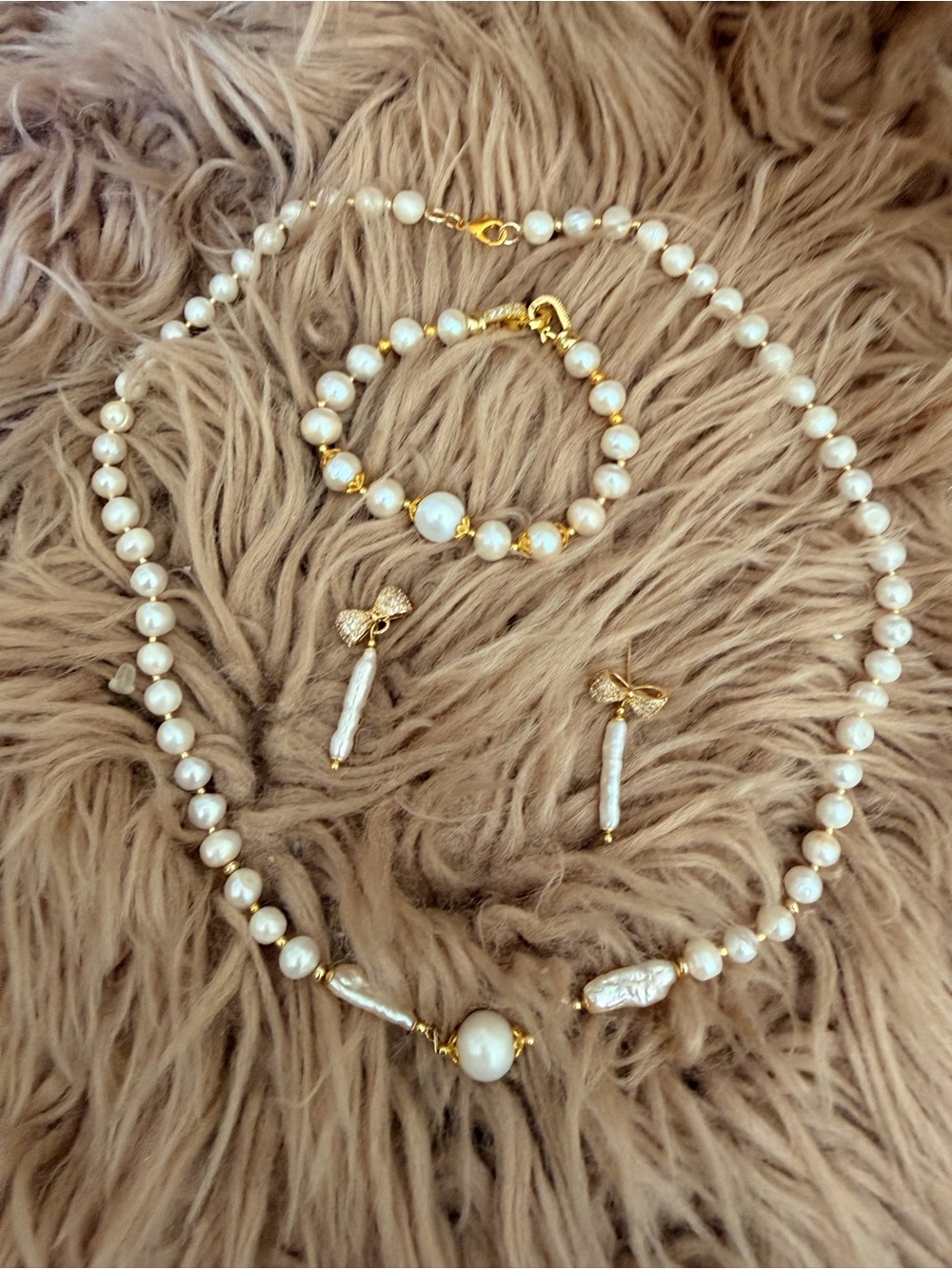 Gold & White Pearl Bracelet, Necklace and Earring Set